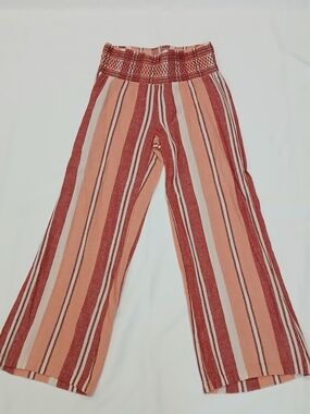 Indigo Rein Junior M Boho Linen Wide Leg Pants Embroidery Smocked Pink White Red